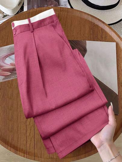 SHEIN PETITE Plus Size Women Contrast Waistband Straight Leg Pants