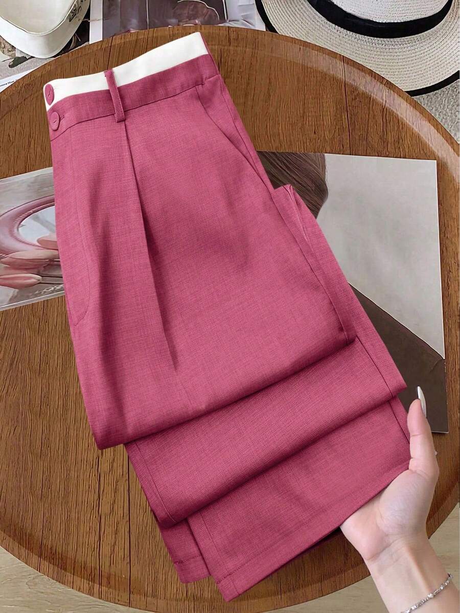 Elamini Petite 大码女式撞色腰带直筒裤 - 玫紅色 - 查看 1