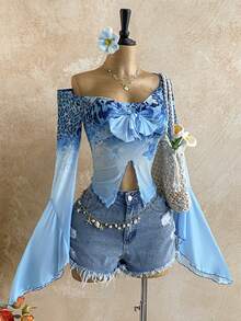 Soleia 度假针织网眼豹纹花卉印花喇叭袖露肩开衩女式上衣 - 彩色 - 查看 8