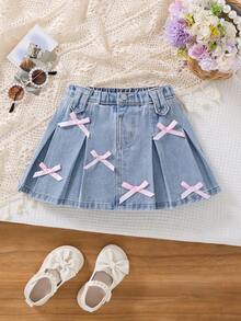 SHEIN Young Girl' Pink Bow & Blue Denim Pleated Skirt - Light Wash - View 1