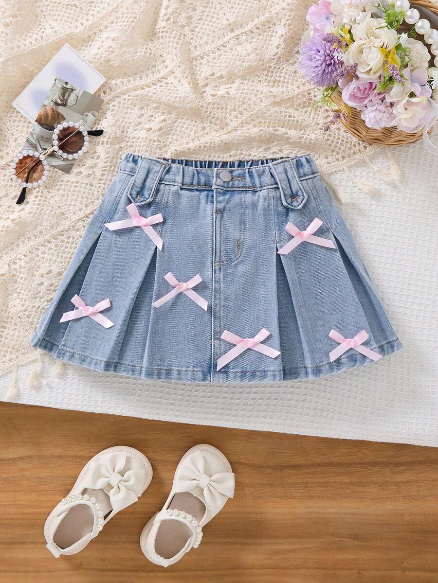 SHEIN Young Girl' Pink Bow & Blue Denim Pleated Skirt - Light Wash - View 1