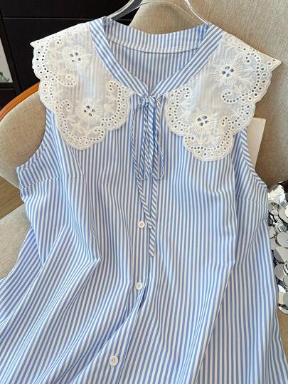 GlowEve CURVE Camisa de rayas sin mangas con cuello Peter Pan y contraste de color para mujer talla grande de uso casual