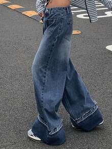 DAZY 女士做旧水洗阔腿牛仔裤，带口袋和撞色裤脚，适合春秋季的休闲街头风长裤，Y2K风格 - 藍色 - 查看 3
