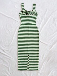 Soleia 女士休闲条纹扭结侧开衩中长连衣裙，适合度假 - 綠色 - 查看 2