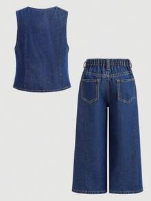 SHEIN Firerie Kids 2件套女童藏蓝色牛仔无袖背心和宽松裤 - 深色水洗藍 - 查看 3