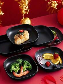 1/5/10/20 piezas Platos de cena de plástico, platos de vajilla de plástico cuadrados reutilizables negros, para el hogar, la cocina, el restaurante, el dormitorio, el camping y el picnic, platos cuadrados profundos y ligeros, platos de cena irrompibles, platos para ensaladas, cuencos para aperitivos, para servir platos, postres, aperitivos y huesos de pollo, cocina - Multicolor - Ver 5