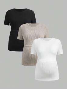 SHEIN Áo cho bà bầu tay ngắn cổ tròn màu trơn, kiểu dáng thường ngày, áo cho con bú 3 mảnh, áo cho con bú. - Nhiều màu - Xem 17