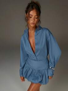 Athîral 女士休闲套装、女士秋季穿搭、棕色泡泡裙和衬衫、棕色条纹、蓝色两件套女装、衬衫和裙子套装、蓝色条纹套装、女士套装、蓝色条纹衬衫、春假穿搭、女士夏季穿搭、女士套装、春季服装 - 藍色 - 查看 6