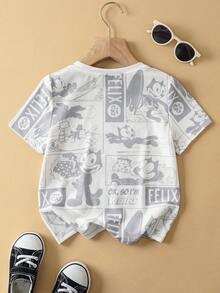 SHEIN Felix The Cat Camiseta de manga corta con gráfico de letras de arte pop casual para uso diario y paseo para niño, verano - Blanco - Ver 2