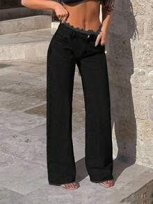 Casual Versatile Petite Belt Detailed Wide Leg Jeans For Women - Dark Grey - View 6