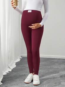 SHEIN 可调节高腰字母印花孕妇打底裤，休闲通勤装 - 酒紅色 - 查看 8