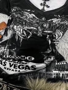 Glimmora 女士Y2K哥特重金属图案V领T恤，拉斯维加斯街头风黑色上衣，适合演唱会、夜店和日常休闲穿着。舒适中等弹力面料。 - 彩色 - 查看 4