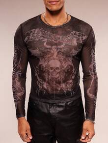 FeverCity Camiseta Manga Longa Slim Fit Casual para Uso Diário e Outdoor com Estampa de Esqueleto e Letras, Gola Careca, para Homens - Preto - Visão 1