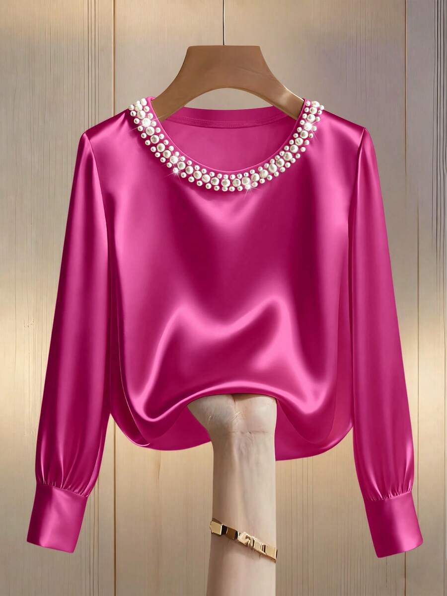 Franclia 女士优雅圆领珍珠装饰长袖T恤，适合通勤 - 玫紅色 - 查看 1