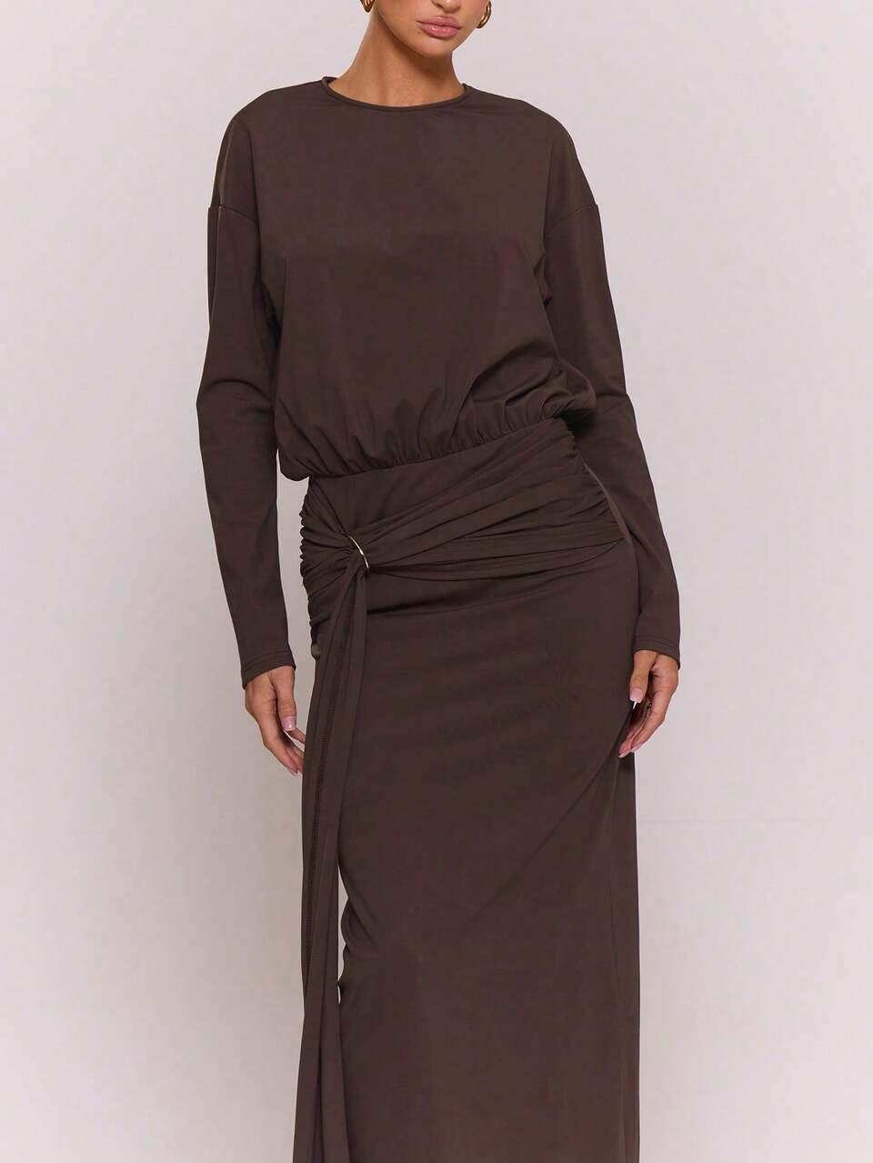Draped Long Sleeve Fitted Maxi Long Dress Elegant Spring Summer Occasion Holiday Vacation