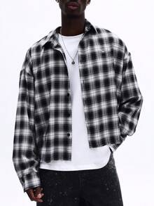 SUMWON Camisa casual de manga larga con botones y patrón de cuadros en blanco y negro, de corte ajustado y sobredimensionado para hombre - Negro - Ver 5