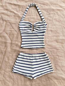 Soleia Women's Vacation Striped Halter Top And Shorts Casual 2 Pieces Set