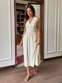 Serisse 女士条纹荷叶边V领纽扣设计无袖休闲中长连衣裙，法式夏季度假杏色条纹修身纽扣V领无袖长裙，完美适合夏季通勤/度假外出。奶油色连衣裙，夏季中长连衣裙，休闲吊带裙，法式连衣裙，野餐连衣裙，女士休闲连衣裙，度假连衣裙，夏季度假装，女士优雅连衣裙，沙滩连衣裙，情人节连衣裙，夏季连衣裙，女士夏季装扮 - 杏色 - 查看 5