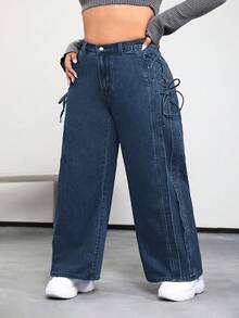SHEIN PETITE CURVE Plus Size Casual Distressed Criss-Cross Strap Denim Jeans - Blue - View 4