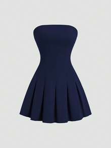 Sweetra 复古英伦风筒裙褶裥连衣裙搭配休闲西装外套，显瘦，适合初秋穿着 - 藏蓝色 - 查看 7