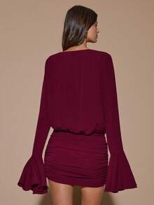 SHEIN BAE Burgundy Autumn Elegant Deep V-Neck Long Sleeve Mini Dress For Night Out,Cocktail,Party,Formal Occasions,Bridesmaid,Birthday,Christmas & Brunch - Red - View 2
