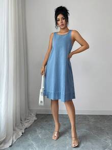 Selianne Damen lässiges, locker sitzendes ärmelloses Denim-Midi-Kleid - Mittele Waschung - Übersicht 5