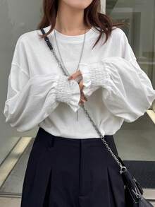FRIFUL Kaos Wanita Polos Leher Bulat Bahu Longgar Lengan Panjang Kasual - Putih - View 6