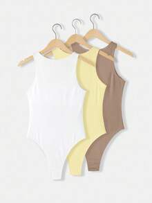 SHEIN BASICS 3件套休闲圆领无袖修身纯色针织女式紧身衣 - 卡其色 - 查看 2