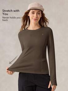 OutZeal 女士保暖内衬柔软圆领侧袋长袖棕色户外T恤，秋冬季日常休闲款