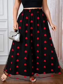 SHEIN Clasi 大码女式全身爱心刺绣网纱斜插口袋休闲情人节长裙 - 黑色 - 查看 5