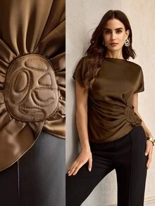 ZEYLAH Women's Silk Bat Sleeve Blouse With Waist Ruching, Elegant And Versatile - Brown - View 7