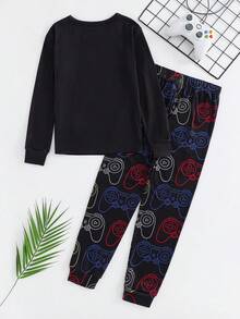 SHEIN Bộ đồ ngủ 2 món cho bé trai tuổi teen, thoải mái, in hình tay cầm chơi game, cổ tròn, tay dài và quần legging. - màu đen - Xem 5