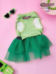 THE POWERPUFF GIRLS X PETSIN 1件黑色头发大眼睛女孩爱心印花宠物连衣裙 绿色简约风格亲肤透气宠物服装 - 綠色 - 查看 10