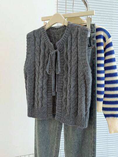 Franclia Women's Plus Size Solid Color Tie-Up Round Neck Knitted Vest Cardigan, Suitable For Spring And Autumn Cute Cardigan Cardigan Top Braided Cardigan Gray Cardigan Knit Cardigan