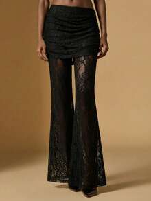 Briarwyn Winter Women's Fashionable Elegant Party Lace Semi-Sheer Flare Pants Suitable For Evening Date, Party,Holiday Night Out,Romantic Date, Gathering,New Year,Old Money Style - Black - View 3
