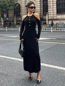 DAZY Robe pull ajustée à col roulé et épaules dénudées pour femmes, style Y2K hivernal