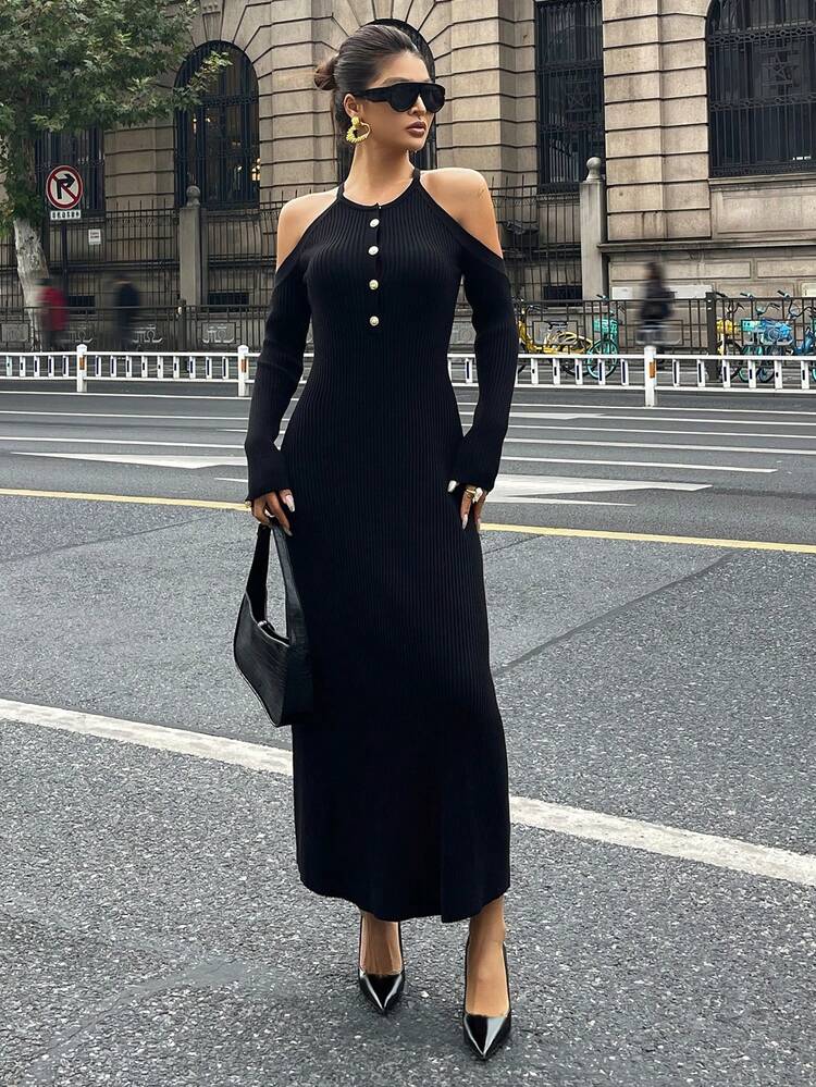 Women's Turtleneck Cold-Shoulder Fitted Sweater Dress, Winter Y2k