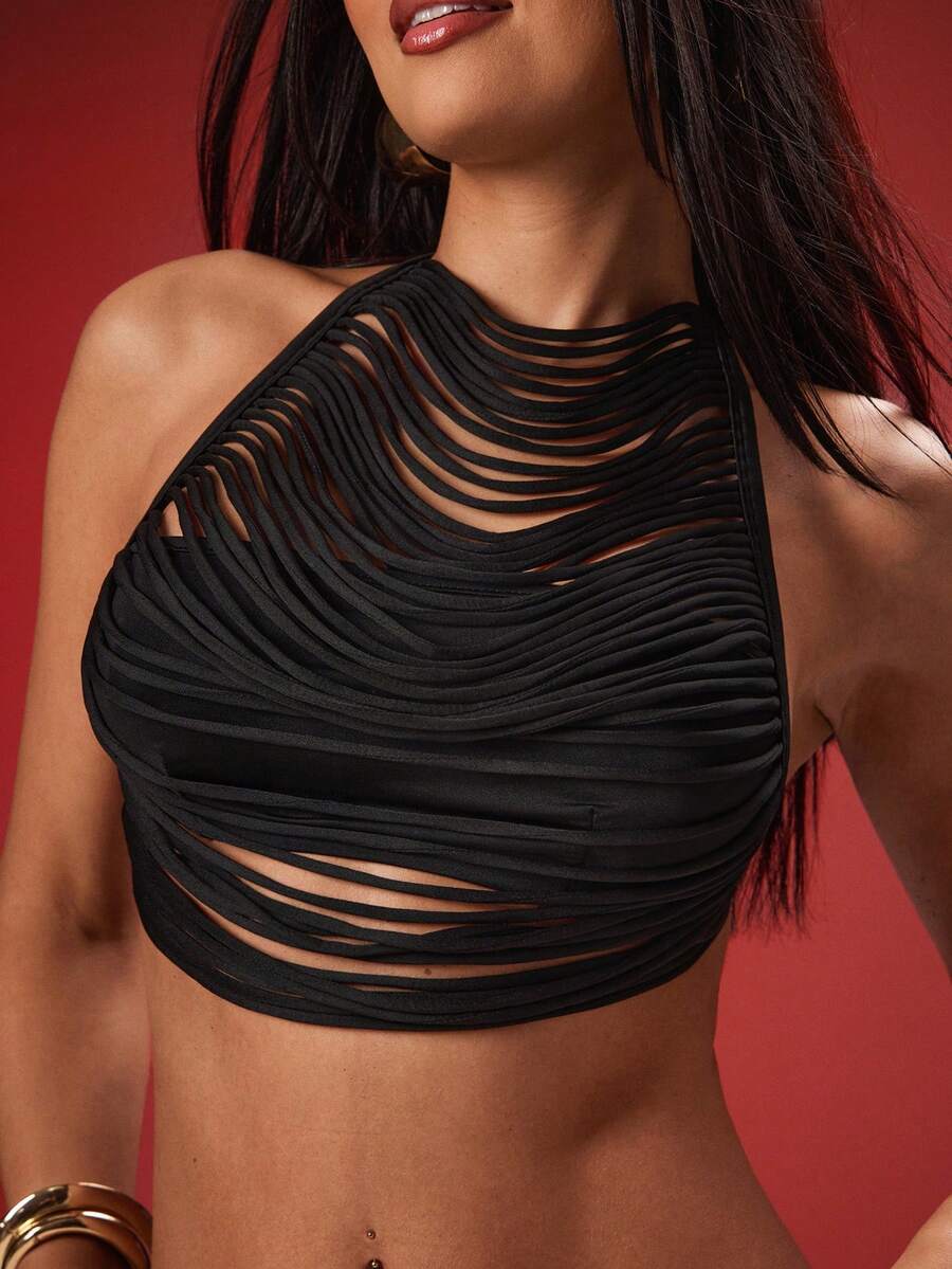 Denimoi Fringe Halter Crop Top Sexy Top GNO Clubwear Girls Night Out Concert Festival - Black - View 1