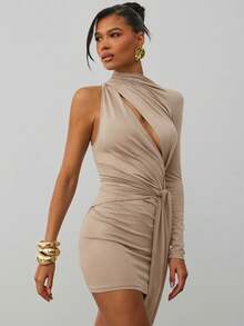 Hauture 低调端庄性感休闲高领不对称单肩镂空腰带迷你连衣裙 - 杏色 - 查看 5