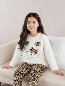 女童珊瑚绒睡衣，卡通可爱猫咪印花，长袖，厚实舒适，适合学生、居家穿着或外穿，秋冬季款 - 白色 - 查看 2