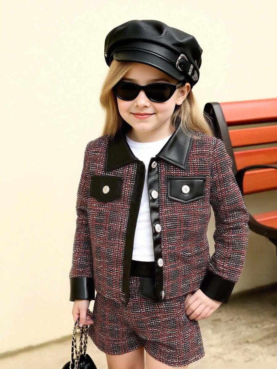 SHEIN Elladie kids 女童可爱黑白长袖外套,带假口袋设计,搭配舒适运动短裤,秋冬套装 - 紅色 - 查看 1