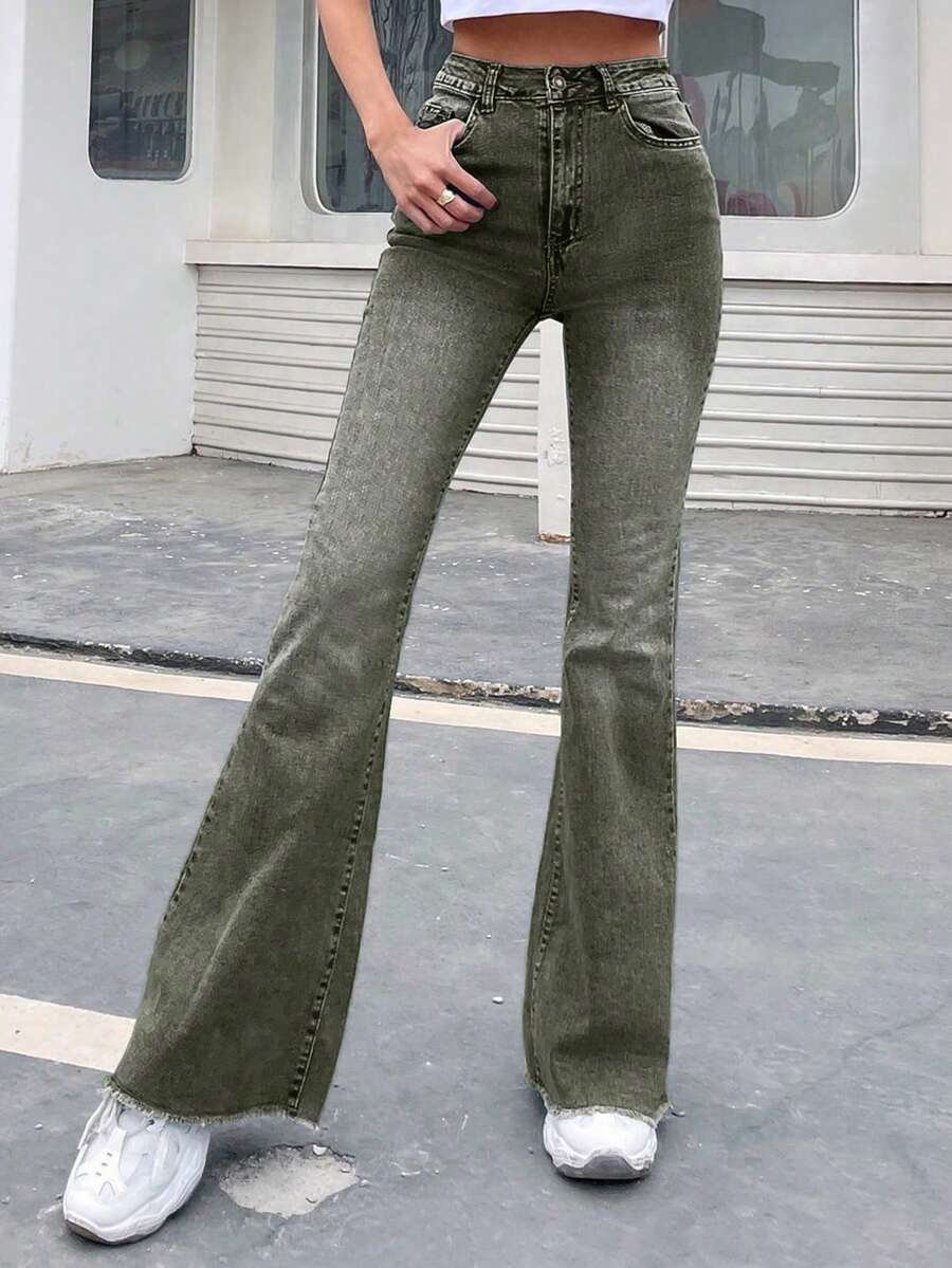 SHEIN LUNE High-Rise Raw Hem Slant Pocket Casual Flare Jeans - Green - View 1