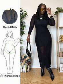 Truni Plus Size Women Mesh Long Sleeve Dress, Summer, For Pear Triangle Body Shape - Black - View 6