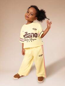 Conjunto de camiseta corta y pantalón ancho tipo jogger con logo de la Liga Atlética de Milán SUMWON para uso casual en primavera y verano, ideal para vacaciones - Amarillo - Ver 6