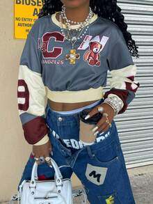 Rovax Cropped Fitted Round Neck Drop Shoulder Long Sleeve Sweatshirt - Multicolor - View 1