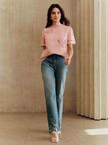 Anewsta Women's New Arrival Pink Short Sleeve Elegant Luxurious Butterfly Embroidered T-Shirt - Pink - View 4