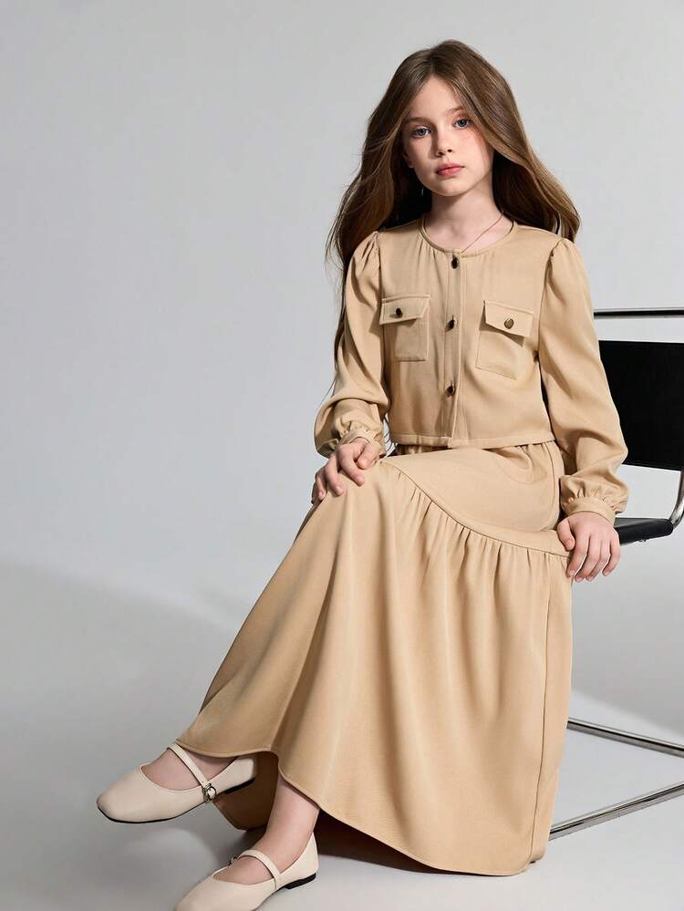 Tween Girl Woven Pocket Long Sleeve Shirt And Long Skirt Casual Set