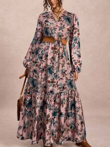 Freevana Vestido maxi de manga larga con estampado de flores para mujeres de talla grande, vestido maxi de invierno con cuello en V para mujeres, disfraz de Halloween de estilo muñeca, vestido largo de estilo perezoso y casual, atuendos para salir, atuendos de maestro, vestido largo de talla grande para salir - Rosa coral - Ver 1