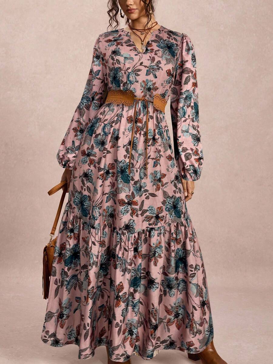 Freevana Vestido maxi de manga larga con estampado de flores para mujeres de talla grande, vestido maxi de invierno con cuello en V para mujeres, disfraz de Halloween de estilo muñeca, vestido largo de estilo perezoso y casual, atuendos para salir, atuendos de maestro, vestido largo de talla grande para salir - Rosa coral - Ver 1