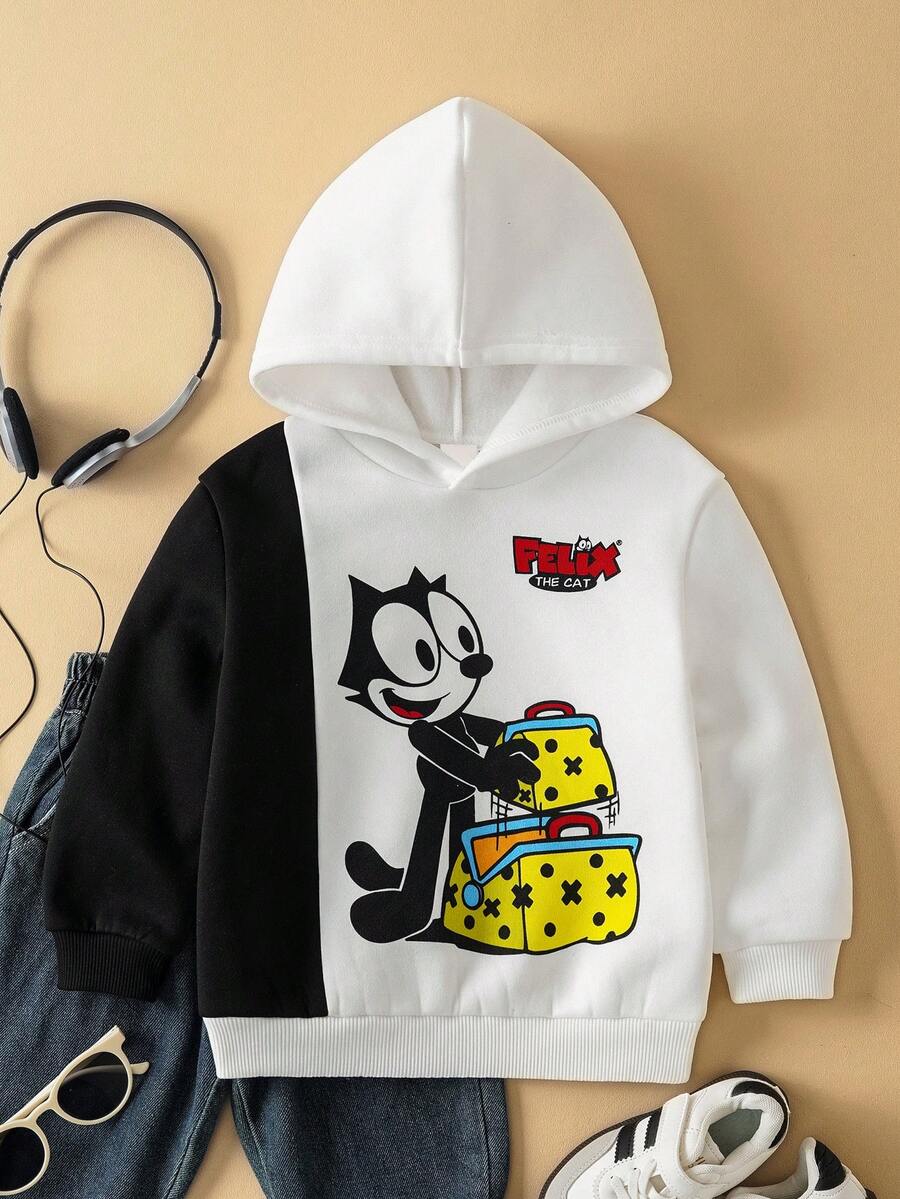 SHEIN Felix The Cat 1pc Young Boy Street Casual Long Sleeve Contrast Color Cat Print Sweatshirt - Black and White - View 1